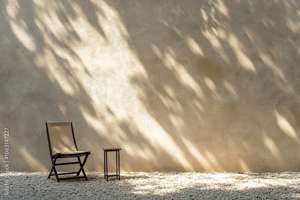 Leinwandbilder A minimalistic setup featuring a solitary chair against a textured wall with intricate shadow patterns, symbolizing solitude and reflection in a serene environment.