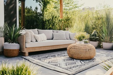 Fototapeta premium A comfortable wicker sofa with decorative cushions sits on a patio with a patterned rug, surrounded by greenery and potted plants, presenting a tranquil oasis atmosphere.