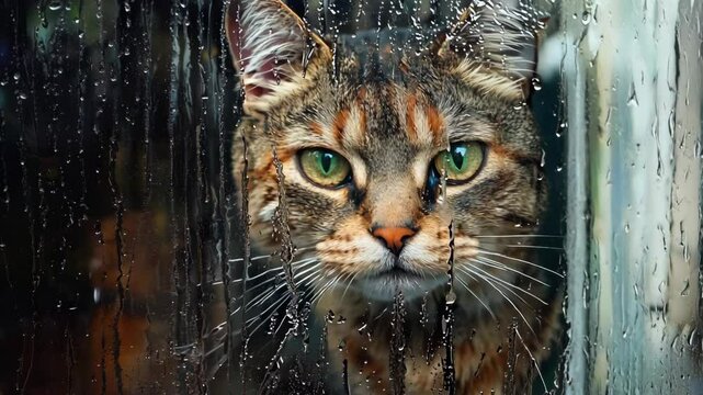 Tabby cat gazing out the window on a rainy day, with raindrops trickling down the glass