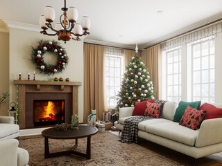 Cozy Christmas Living Room with a decorated tree and festive decor for a warm ambiance