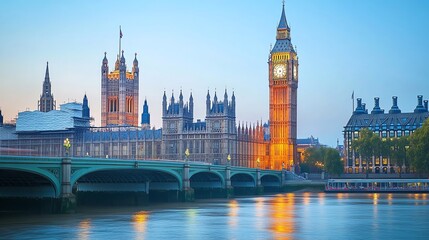 Obraz premium A view of the Houses of Parliament and Big Ben in London at sunset.
