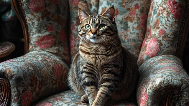 Tabby cat sitting regally on a Victorian armchair with intricate floral upholstery