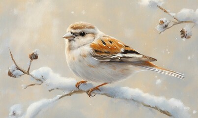 A sparrow perches on a snowy branch.