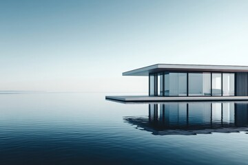 A sleek, modern house with extensive glass windows sits on tranquil water, reflecting its design and the serene blue sky. Minimal and sophisticated architecture.