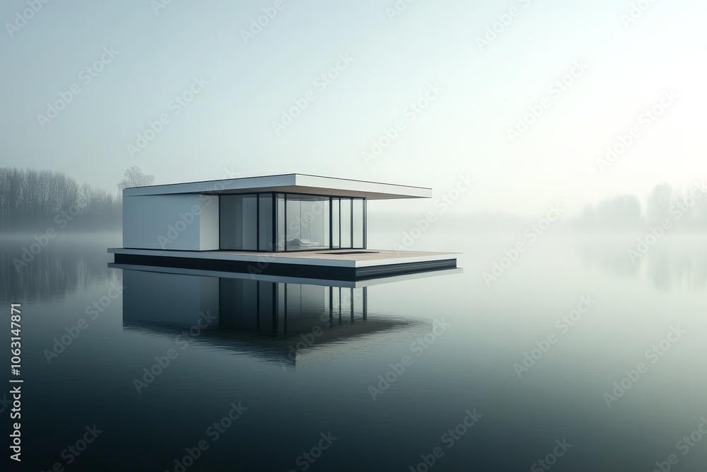 Poster A modernist float house rests peacefully on a placid lake, enveloped in fog, capturing the essence of modern architecture and the serenity of a misty morning.