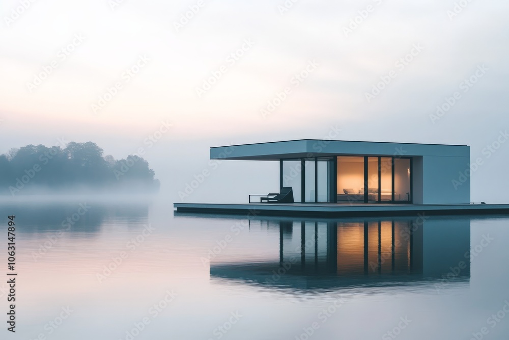 Aufkleber a minimalist floating home on a tranquil lake, bathed in the gentle hues of dawn, offering an exquis