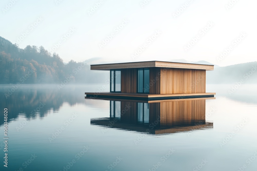 Poster a wooden minimalist floating cabin rests on a calm lake with misty mountains in the background, refl