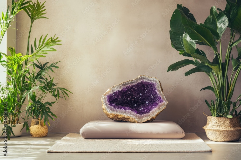 Aufkleber a stunning amethyst geode serves as a centerpiece on a cushion, surrounded by lush green plants, cre