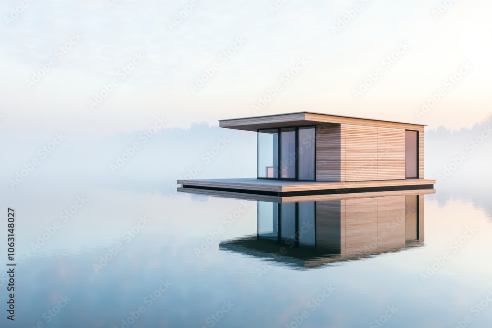 Poster a modern floating house with large windows sits on a peaceful lake with a mist-covered landscape, ca