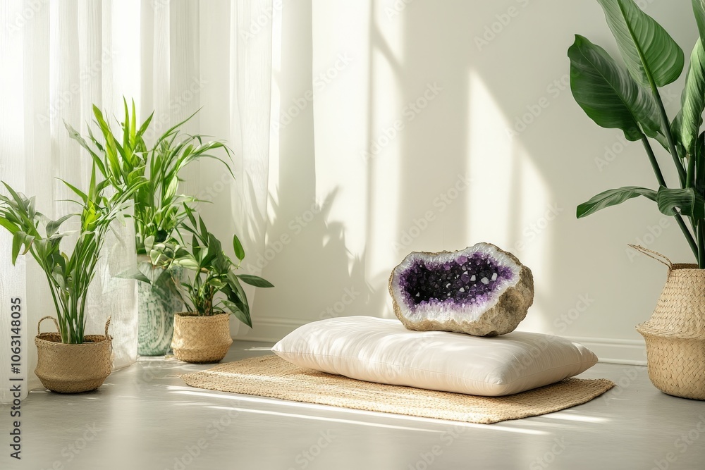 Poster a space filled with natural light features a captivating amethyst geode as decor, complemented by po