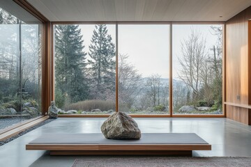 Modern interior featuring a solitary stone centerpiece on a sleek platform, bordered by expansive...