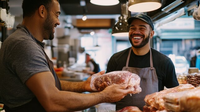 A friendly butcher smiling as he hands a customer
