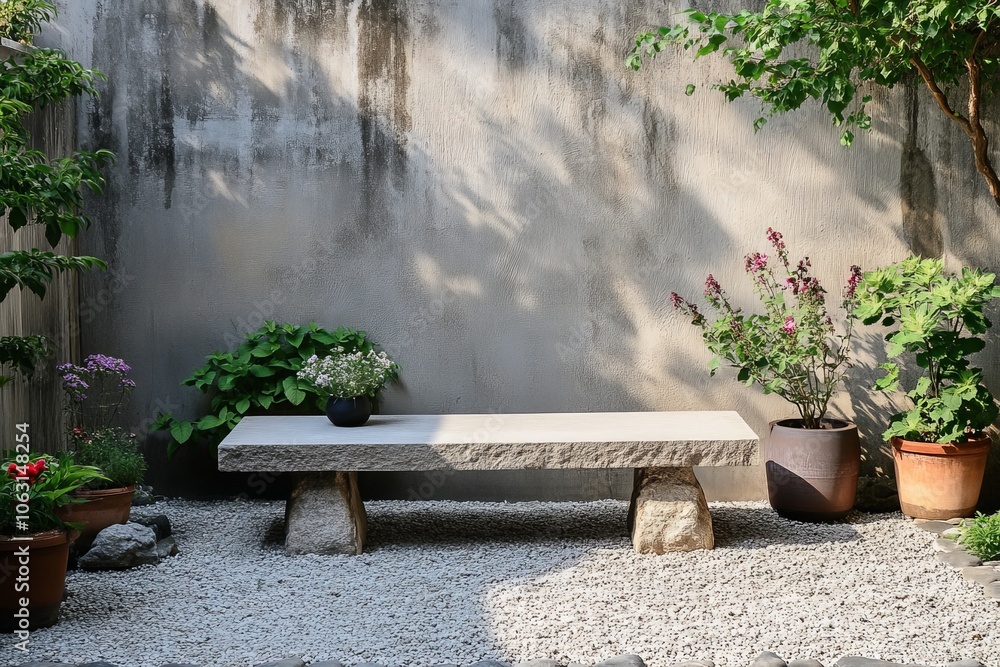 Leinwandbilder a modern stone bench set in a minimalist garden with lush green foliage, textured stone elements, an