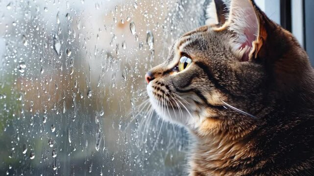 Tabby cat gazing out the window on a rainy day, with raindrops trickling down the glass