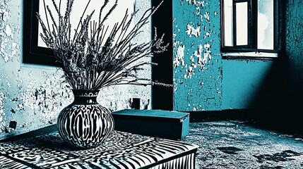 Lavender in Zebra Vase: Still Life in an Abandoned Room