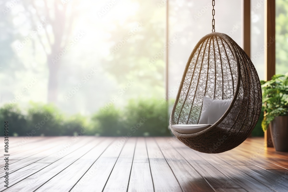 Aufkleber a cozy rattan swing chair is perched on a wooden patio with a glass-front view, enriched by lush gre