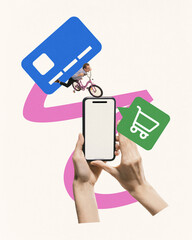 Businessman on bicycle with smartphone and credit card icon, symbolizing of online transactions and...