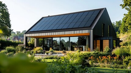 A modern, black house with solar panels on the roof sits in a lush green lawn. The house has large windows and a spacious porch area.