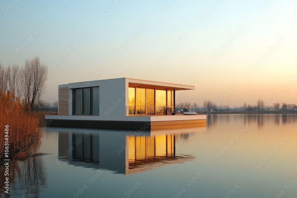 Aufkleber a minimalist white floating house graces the calm waters of a lake at dusk, reflecting modern simpli