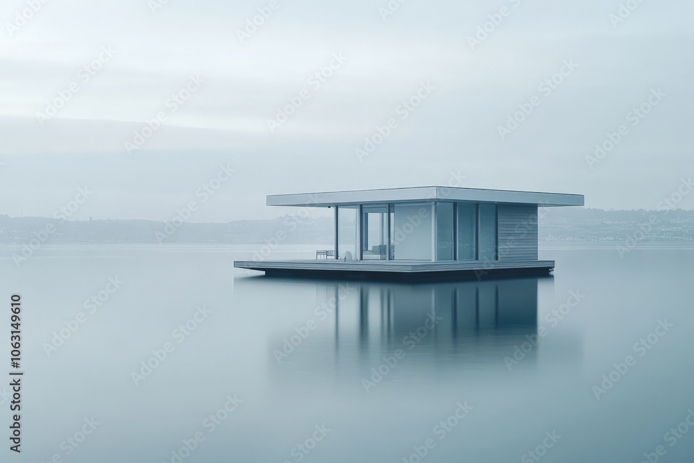 Leinwandbilder a minimalist floating structure stands peacefully amidst calm and misty waters, reflecting the moder