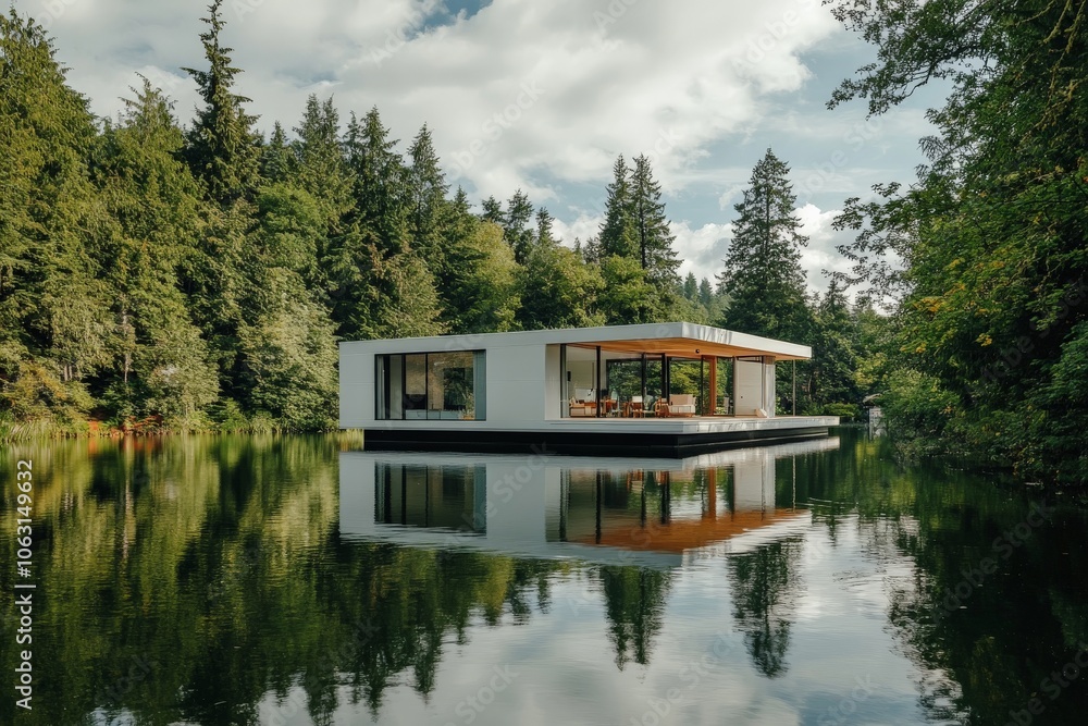 Poster a modern floating house elegantly designed, floats on a lake within a serene forest landscape, embod