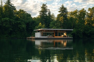 Obraz premium A contemporary floating house sits peacefully on a calm river, surrounded by lush greenery, showcasing a perfect blend of nature and modern architecture.