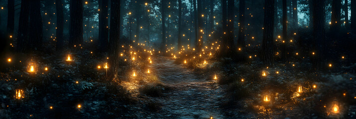 Obraz premium A Digital Illustration of a Path in a Dark Forest Lit by Floating Lanterns