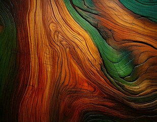 Close-up of vibrant wood grain with rich orange, brown, and green hues, showcasing organic lines...