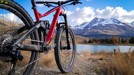Obraz premium A detailed shot of a mountain bike's tires gripping the rocky terrain, framed by majestic snow-capped mountains