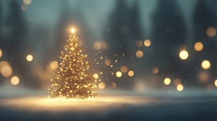 A beautifully lit Christmas tree sparkling in the winter night