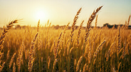 Fototapeta premium Golden Wheat Field at Sunset with Sunlight Illuminating Ripe Ears of Wheat in a Peaceful Rural Landscape
