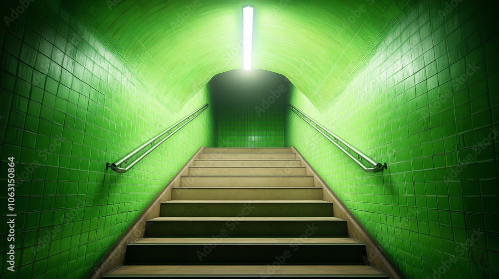 Poster bright green tiled staircase leading up to illuminated exit in an underground setting
