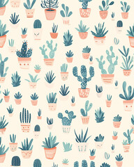 Cute cactus and succulents with happy faces in warm and cool tones.