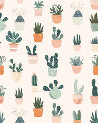 Minimalistic design of cacti and succulents in earthy tones with clean lines.