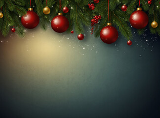 A festive red Christmas background featuring a decorated tree with ornaments and colorful balls, capturing the holiday spirit with snowflakes and a cheerful winter scene