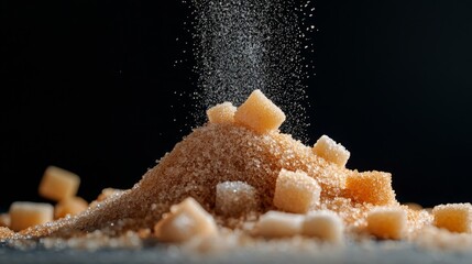 Brown and White Sugar Cubes on Black Background: A Dynamic Display of Contrast and Sweetness in Culinary Stock Photography