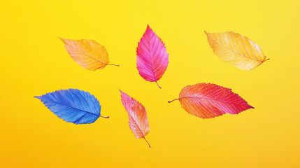 Fototapeta premium Aesthetic pastel blue, gold, purple glittering autumn leaves floating on deep yellow background. Generative AI