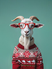 photo of a white goat with red glasses wearing an ugly christmas jumper on a teal background