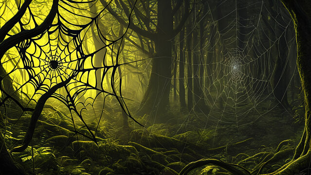 dark forest with a spider web