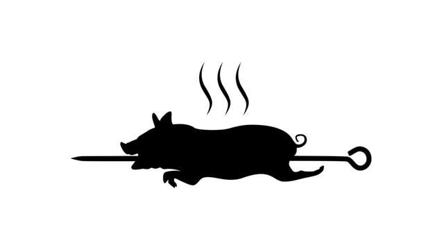 pig roasting on spit, black isolated silhouette