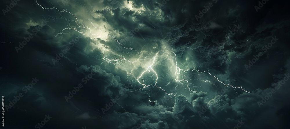 Poster thunder and lightning in a dark sky with storm clouds.