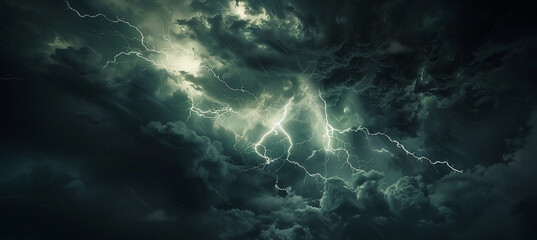 Thunder and lightning in a dark sky with storm clouds.