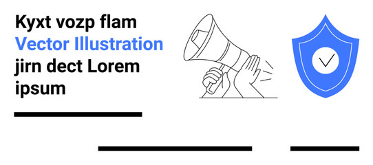 Hand holding a megaphone and a shield with a checkmark in a blue color palette. Ideal for digital marketing, public announcements, online campaigns, security information, promotions, safety tips