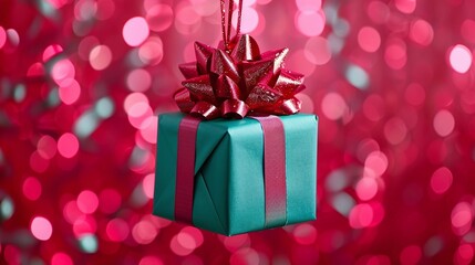 Fototapeta premium Pastel Green Gift Box with Red Bow