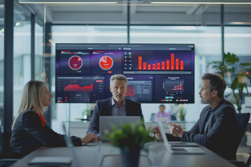 A photo of the Business team, sitting in a meeting, graphs on a monitor board laptop modern office.