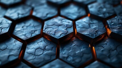 The composition features a dark, hexagonal metal surface with glowing accents, creating a striking modern design that highlights texture and form