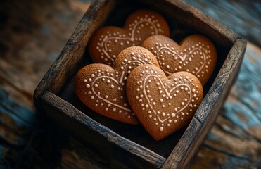 Heart Shaped Gingerbread Cookies in a Wooden Box on a Rustic Table