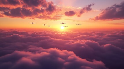 Aerial view of five planes flying in formation over a field of clouds at sunset.