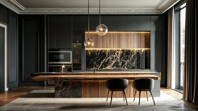 A modern kitchen with dark cabinets, wood countertops, and marble backsplash