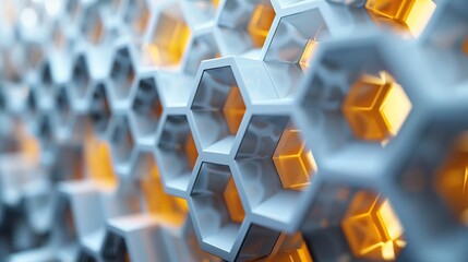 The composition features a dark, hexagonal metal surface with glowing accents, creating a striking modern design that highlights texture and form